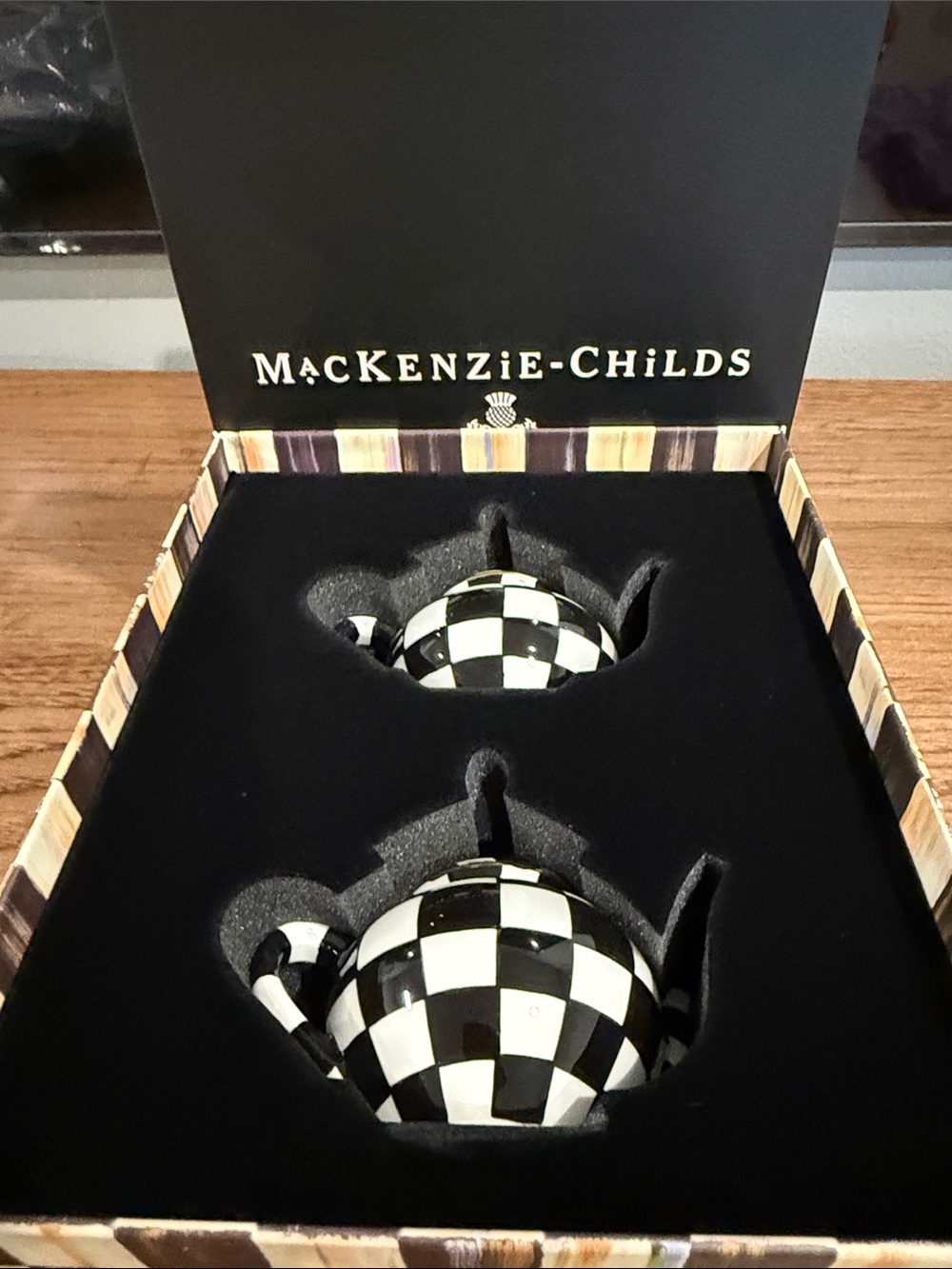 MacKenzie-Childs Black and White Check Mini Teapot Pair